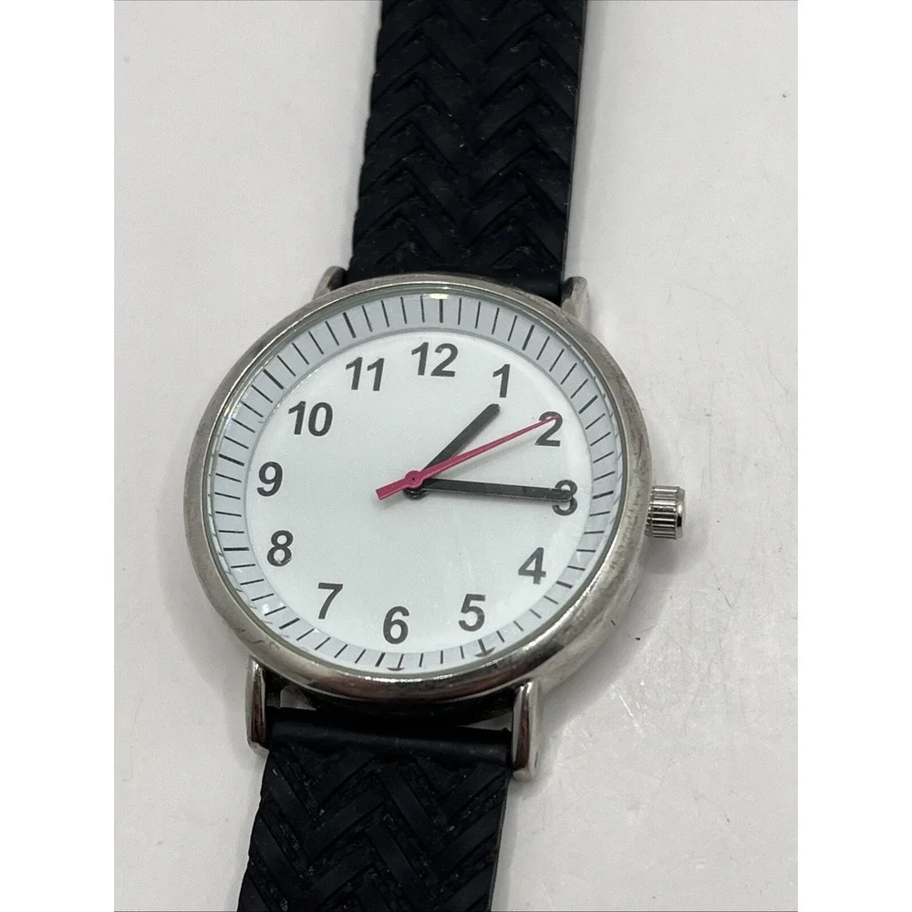 Women's Quartz Watch Black Textured Silicone Band Silver‎ 36mm Case- New Battery